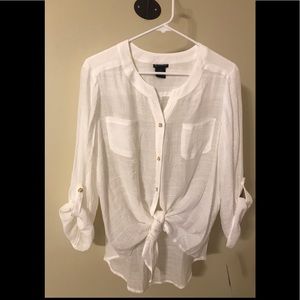 New Directions sheer white button down blouse.
